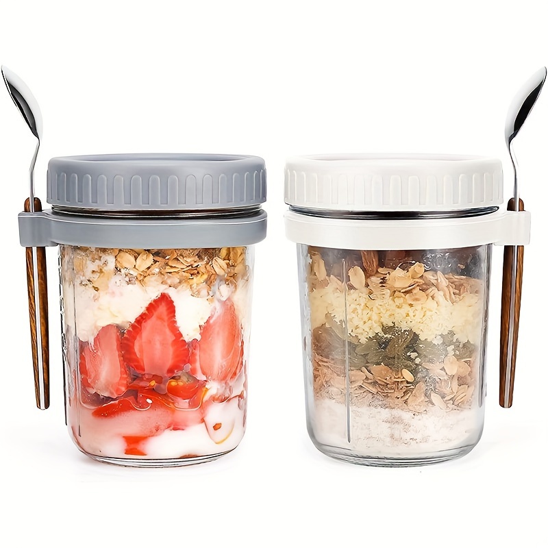 Meal Prep Jar - 1個/2個入り ガラス製オートミールカップ、蓋とスプーン付きオーバーナイトオーツ容器、16オンス シリアル、ミルク＆フルーツサラダ保存ジャー
