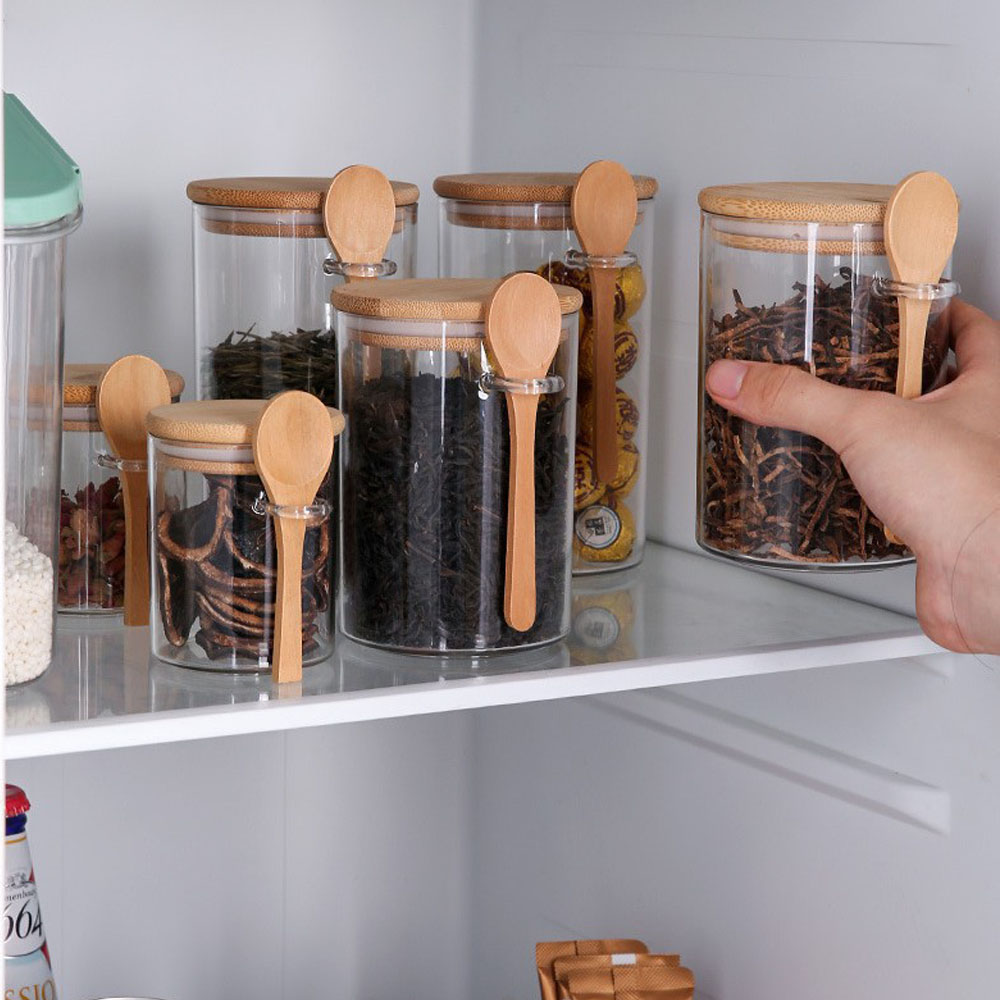 Meal Prep Jar - 気密性のある食品保存用プラスチック容器、木製スプーンと蓋付きのキャニスター、バスソルト、砂糖、スパイス、コーヒー、紅茶用の瓶