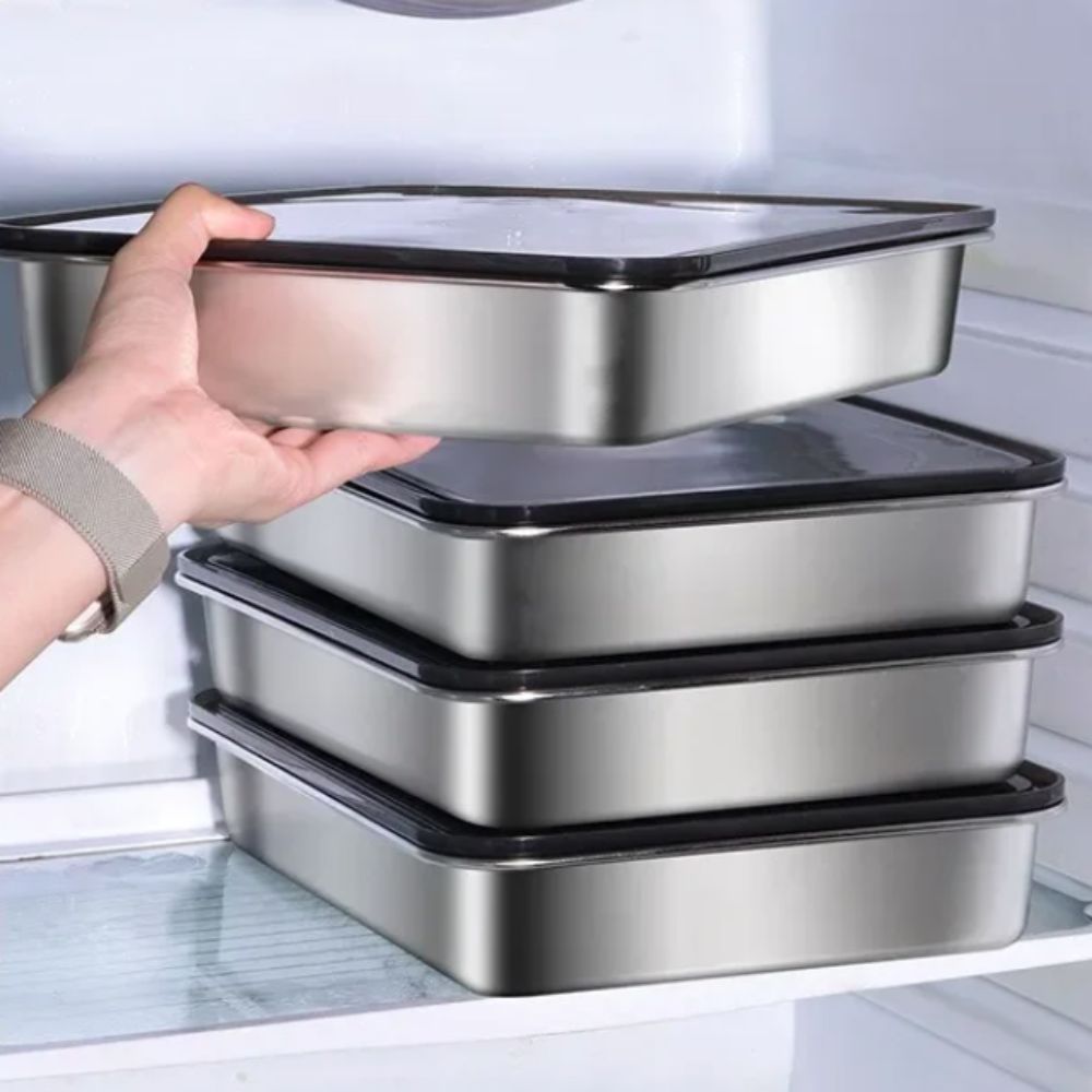 Meal Prep Menu - ステンレス製鮮度保持ボックス 長方形ノンスティック底面食品保存トレイ 大型 プラスチック蓋付き 調理用トレイ