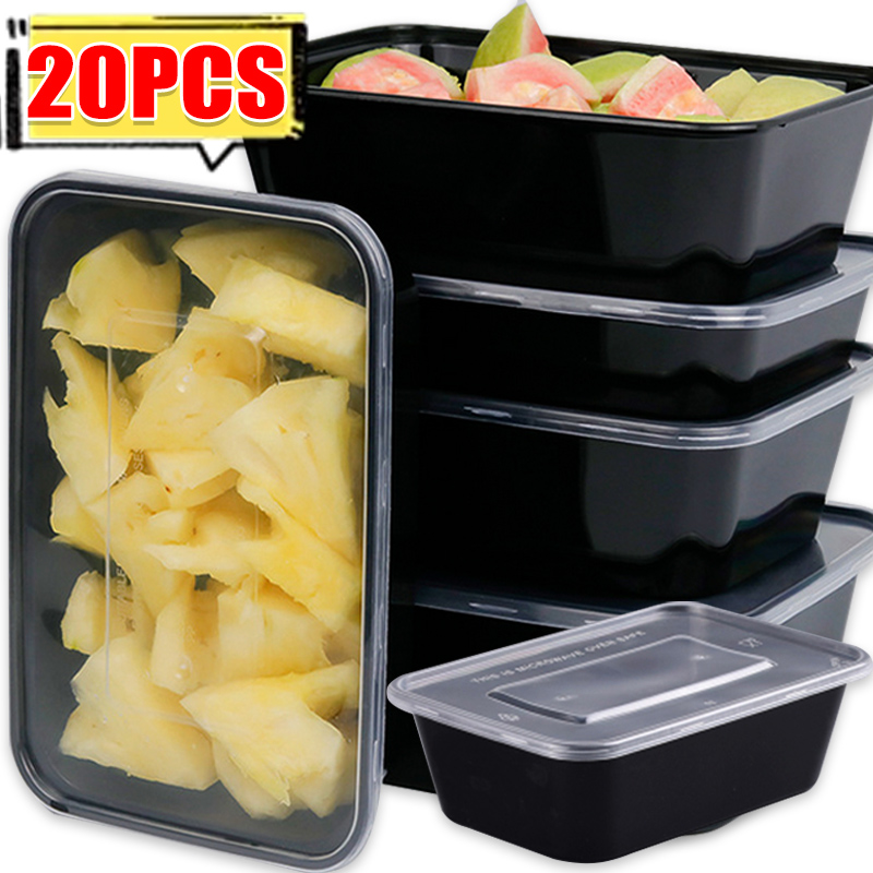 Meal Prep Chef - 10/20x 食品保存容器 蓋付き 食事準備容器 使い捨て漏れ防止 ブラックランチ弁当箱