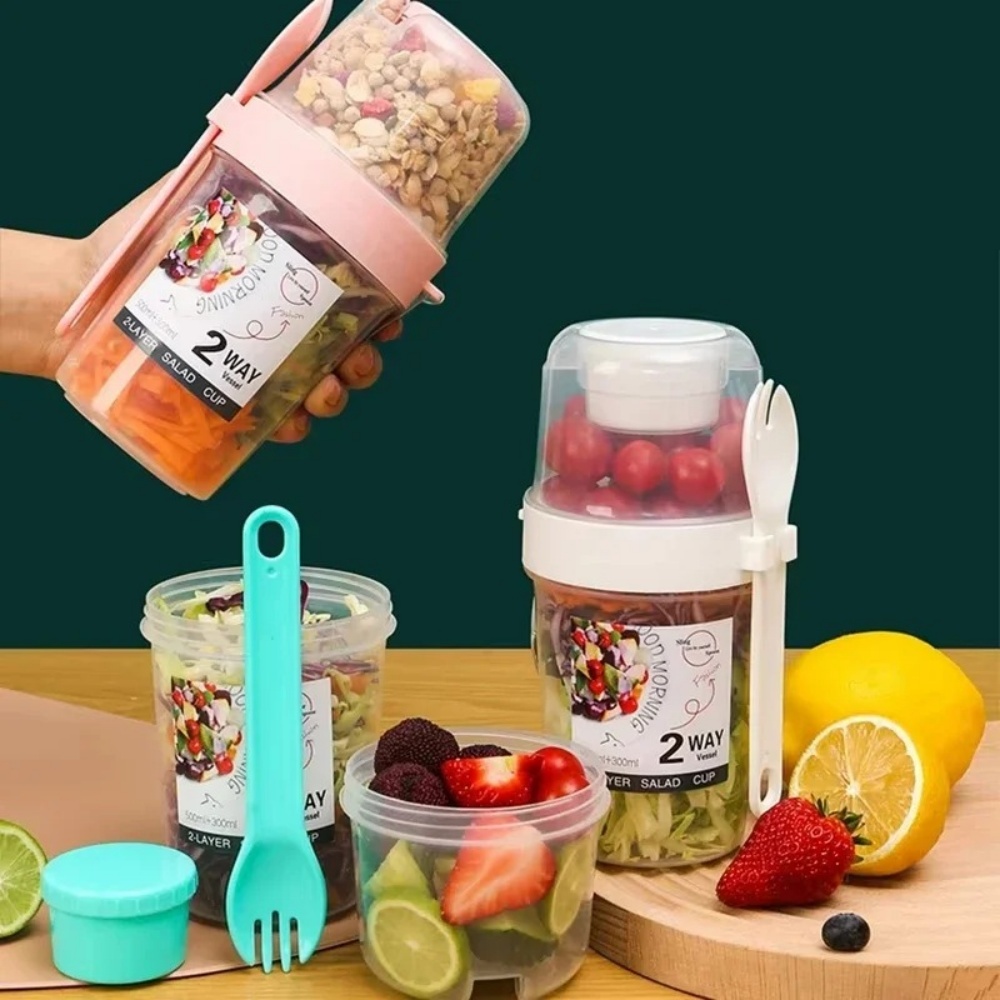 Meal Prep Jar - ポータブルサラダカップ朝食カップ食品分層ヨーグルトシリアルオートミールスナックパフェ容器フルーツボックスカップ蓋付きフォーク