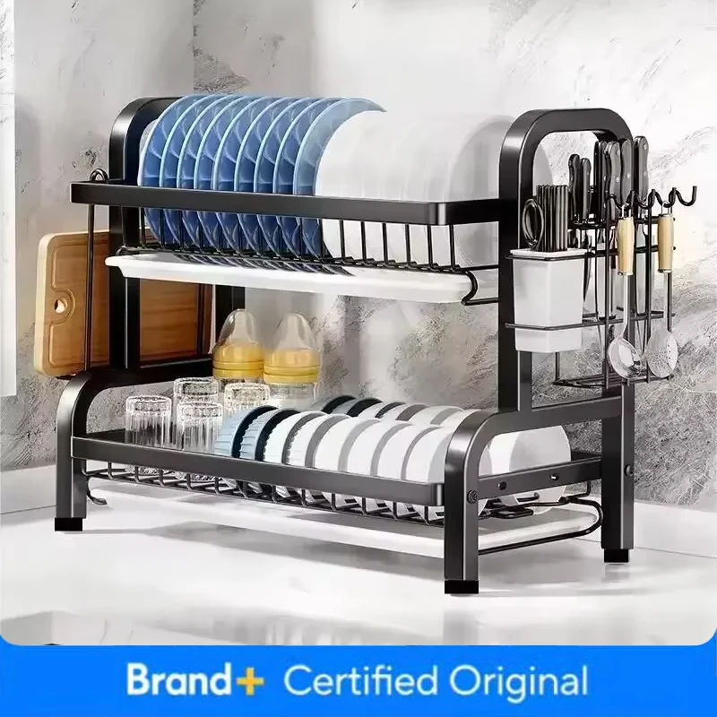Meal Prep Organizer - 2段式ステンレス製水切りラック、カトラリーホルダー付き、コンパクトで防錆、キッチン収納オーガナイザー、食器乾燥ラック
