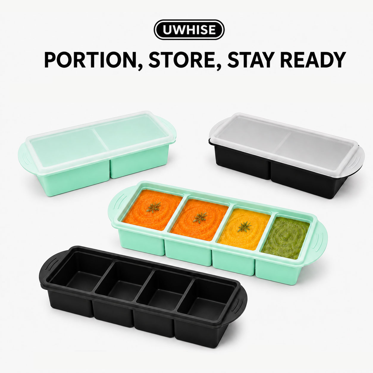 Meal Prep Menu - Uwhiseシリコン製スープ冷凍トレイ、蓋付きベビーフード保存容器、2/4コンパートメント、大型アイスキューブ型、キッチンミールプレップ用