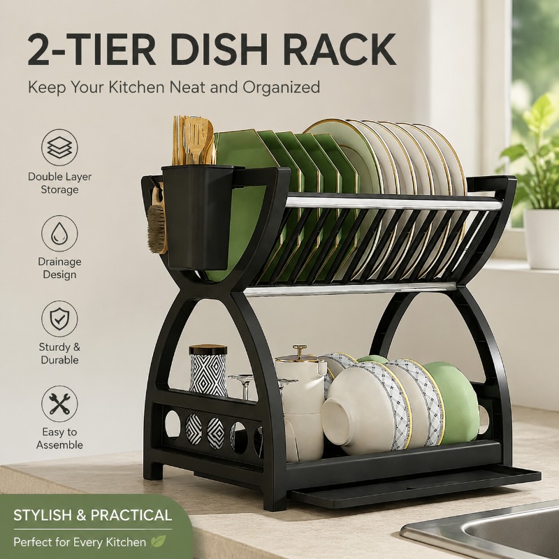 Meal Prep Organizer - 2段式食器乾燥ラック キッチンカウンター用 プレートボウル収納オーガナイザー 水切りトレイ付き カトラリーホルダー 省スペース棚スタンド