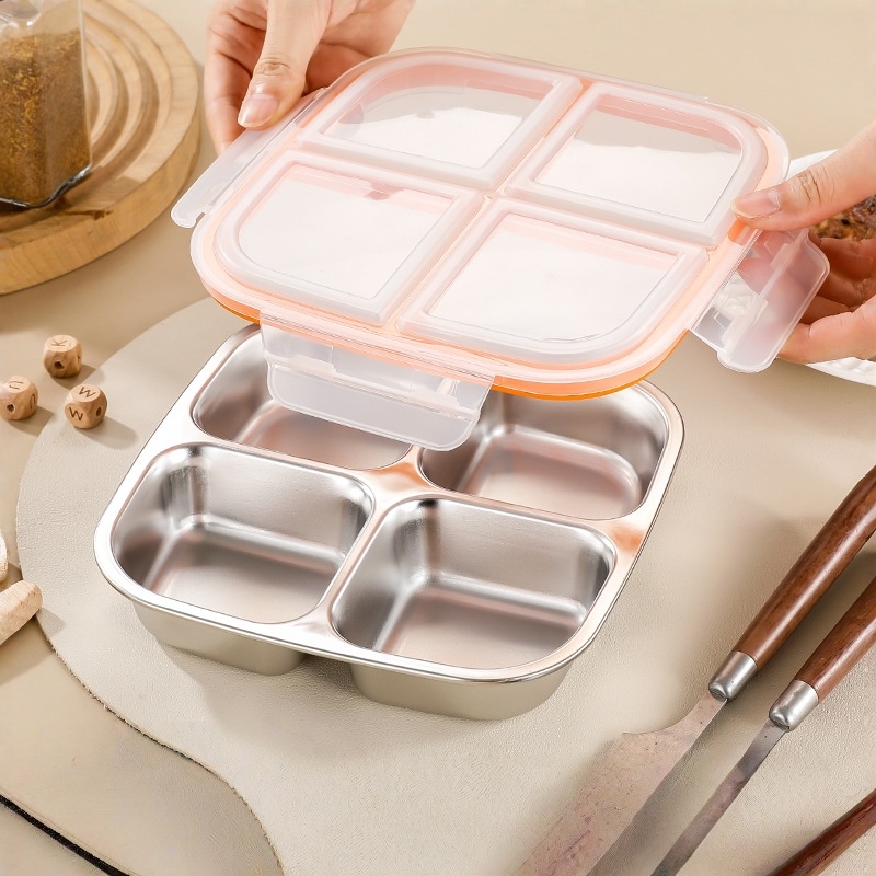 Meal Prep Kinder - 304ステンレス製ランチボックス、600ml蓋付き漏れ防止弁当箱、子供、学校、大人の食事準備、オフィス用の仕切り付き食品容器