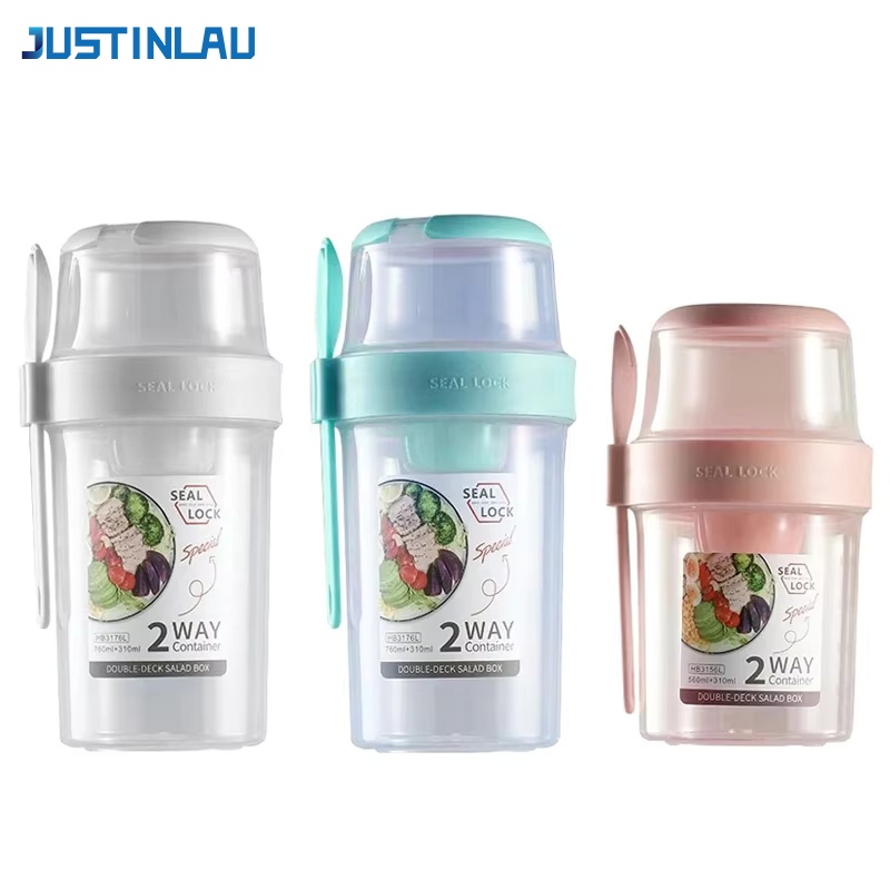 Meal Prep Jar - JUSTINLAU ポータブルフィットネス減量サラダカップ朝食フルーツヨーグルトカップ蓋スプーン屋外食品保存ピクニック弁当箱