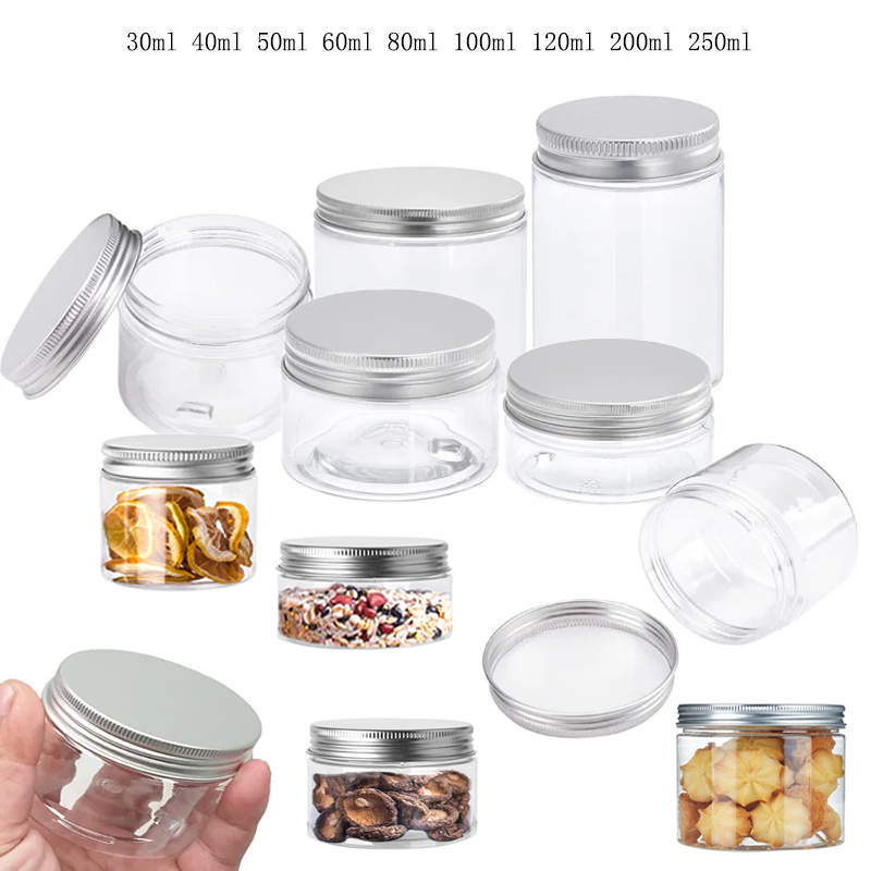 Meal Prep Jar - 蓋付きアルミ丸収納ジャー、キャニスター、空のプラスチック化粧品ジャー、食品トラベルボトル、ポット、20 ml、25 ml、30 ml、40 ml、45-250ml、1〜10個