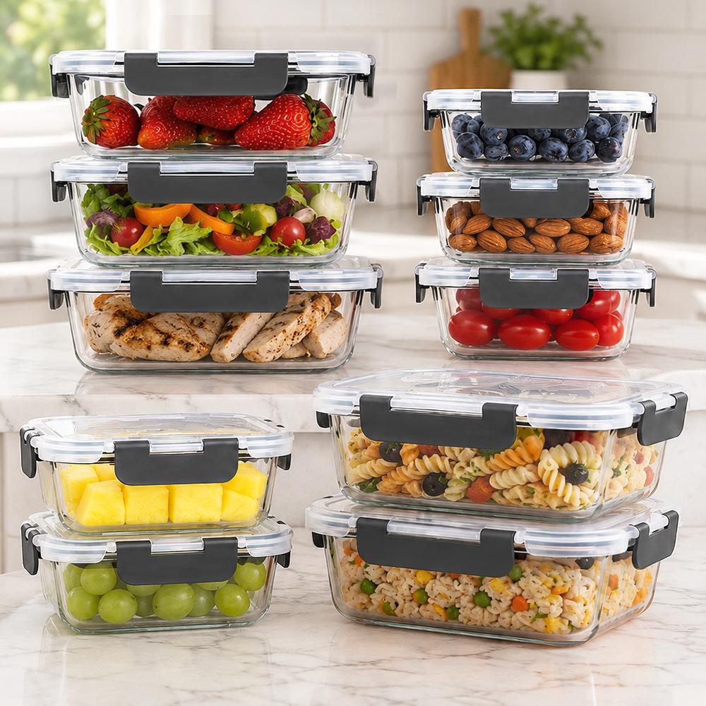 Meal Prep Weekly - ガラス製食品保存容器セット 10個入り、BPAフリーの密閉ロック蓋付き、ランチ用、漏れ防止、多色キッチン用品、食事の準備、電子レンジ、オーブン、冷凍庫、食器洗い機での使用に適しており、お手入れが簡単、10個の容器と10個の蓋で週ごとの食事を準備できます。