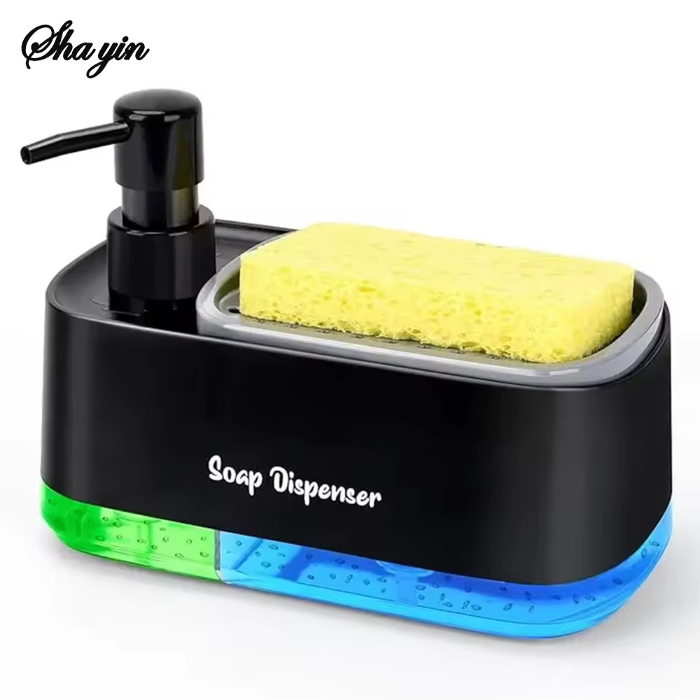 Meal Prep Organizer - 3-in-1 ハンド＆ディッシュソープディスペンサーセット（スポンジホルダー付き）デュアルカウンターキッチンシンクソープポンプオーガナイザー