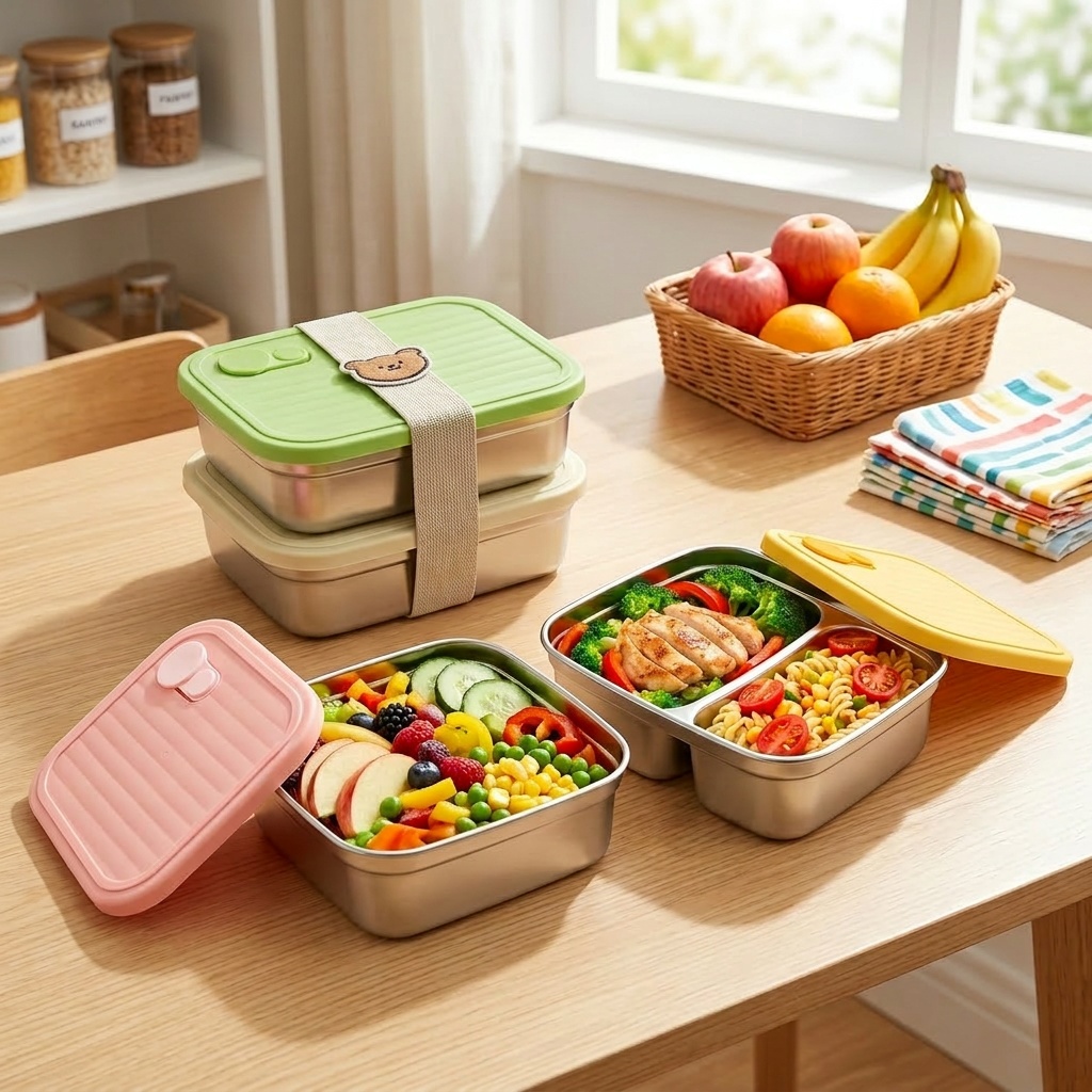 Meal Prep Kinder - 電子レンジ対応 304ステンレス製弁当箱 1/2仕切り 食事準備用食品容器 漏れ防止 子供