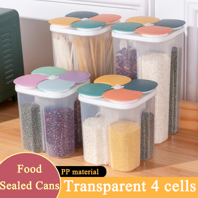 Meal Prep Jar - キッチンシリアル収納ボックスプラスチック4グリッドシリアル密封ジャー食品容器防湿穀物タンクスパゲッティキープフレッシュボックス