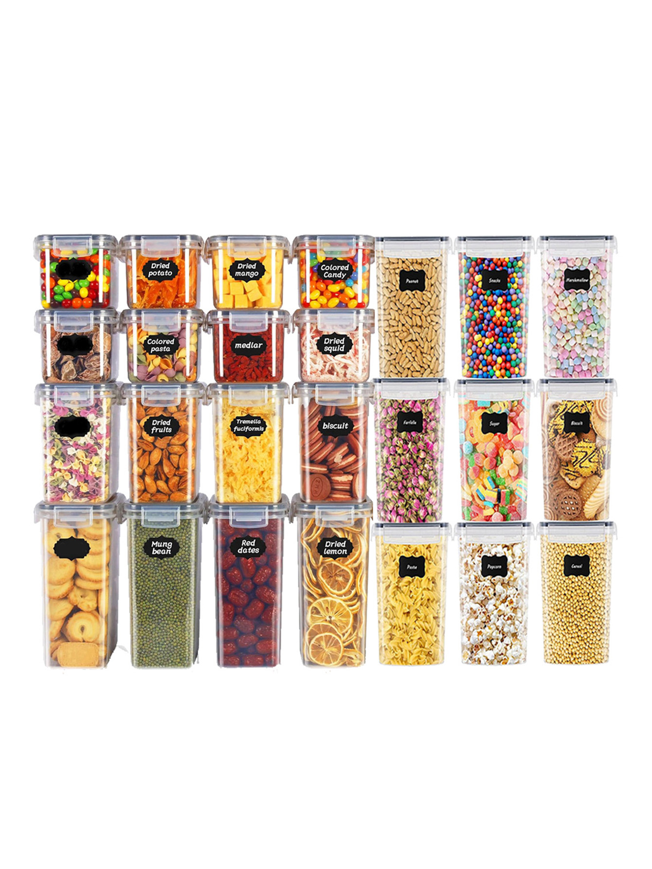Meal Prep Jar - 48個入り、蓋付き密封食品保存容器、プラスチック製キッチンパントリー、乳糖、穀物、小麦粉、砂糖用の乾物保存瓶、ラベル付き