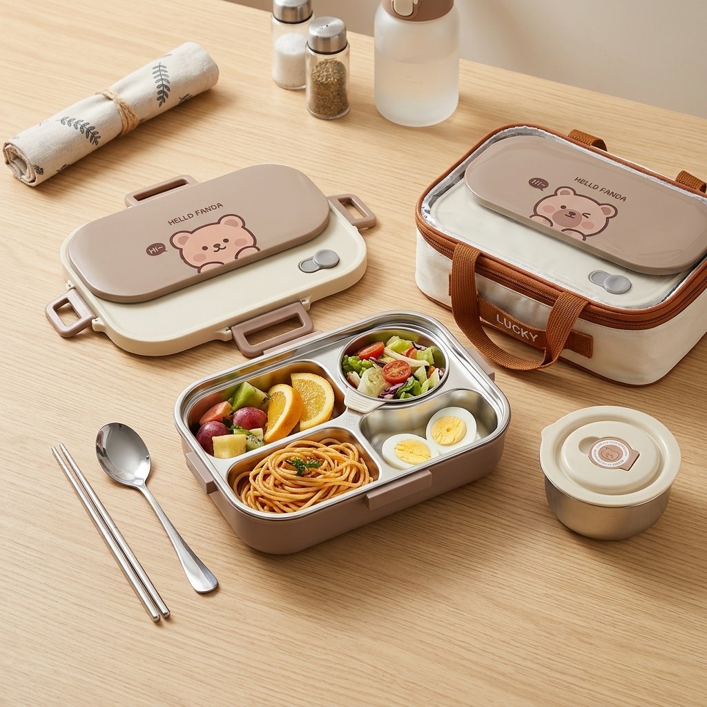 Meal Prep Kinder - 304ステンレス製弁当箱、漏れ防止ランチボックス、ボウルとカトラリー付き、可愛い仕切り付き食事準備用食品容器、子供用、学校用