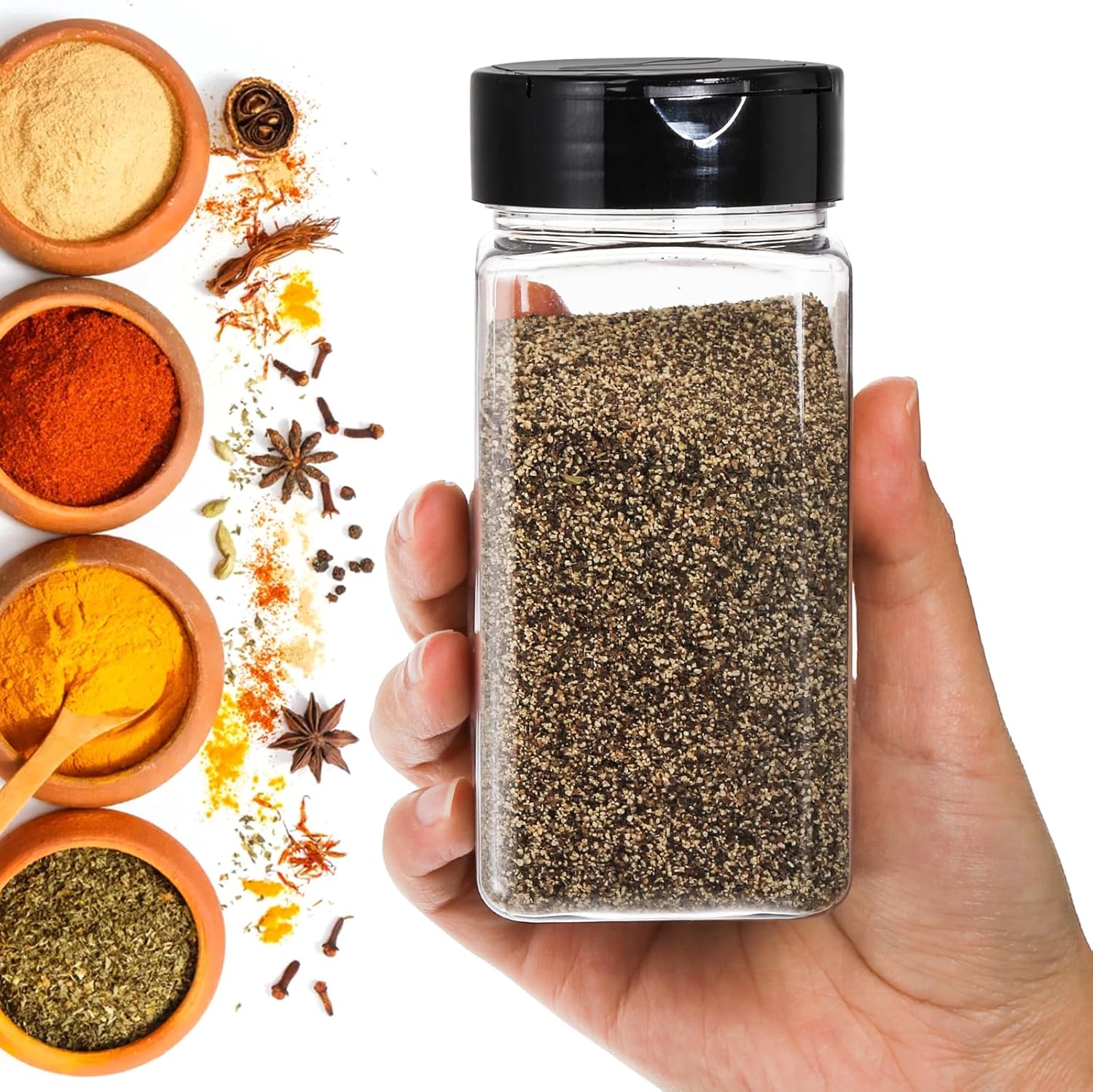 四角い大型プラスチック製スパイスジャー、シェイカー付き蓋、透 - Meal Prep Jar のレビューと価格